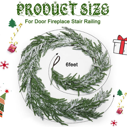 Tetou 6Ft Christmas Norfolk Pine Garland with Snow, Real Touch Cedar Garland, Artificial Greenery Pine Garland for Christmas Decorations Indoor