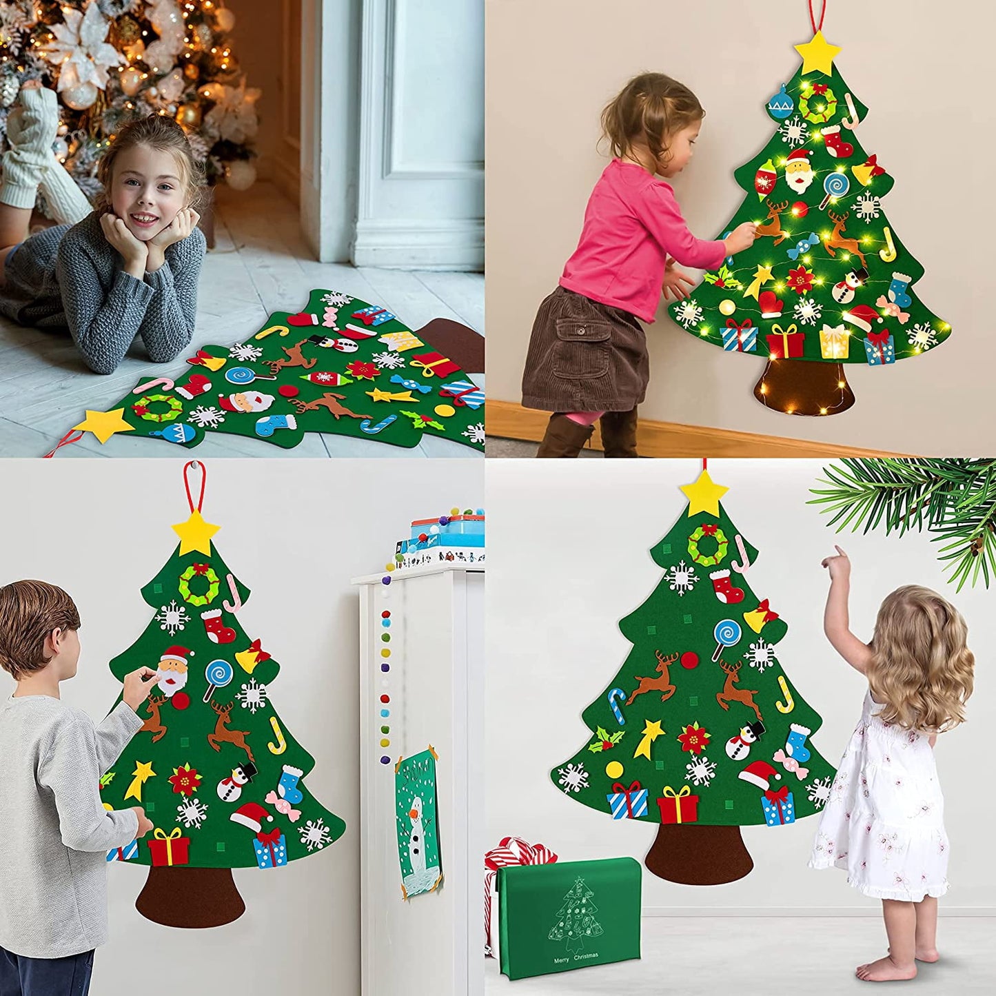 TETOU 3Ft DIY Felt Christmas Tree Set, 32 Ornaments Felt Xmas Tree Set with Led String Light Snowman Advent Calendar for Christmas Kids Gift Indoor Wall Hanging Decorations