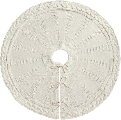 TETOU 36In Knitted Christmas Tree Skirt, Cream White Tree Skirt, Braided Cable Knit Thick Rustic Christmas Tree Decorations, Farmhouse Christmas Decor Xmas Holiday Home Party Decorations