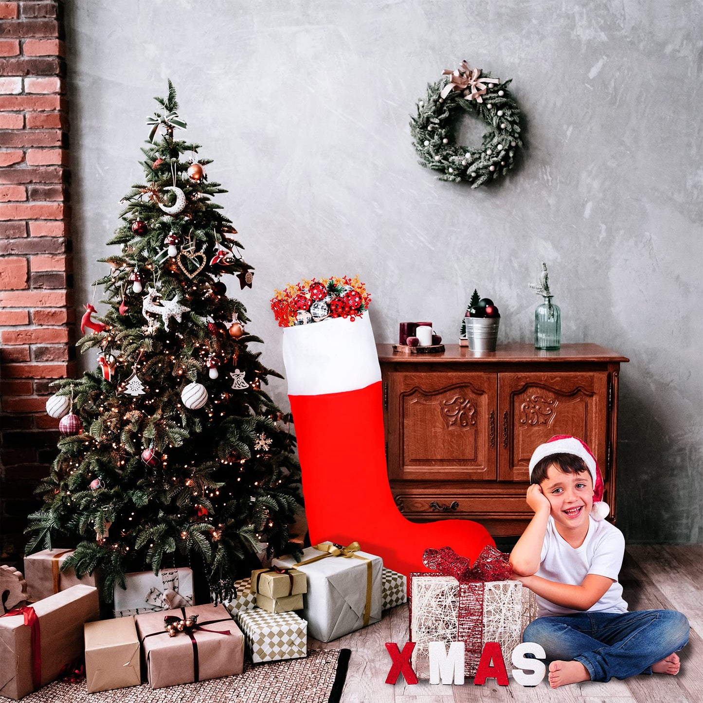 TETOU 35" Jumbo Felt Christmas Stocking Oversized Giant Stocking for Kids Gift Family Party Decor - Red