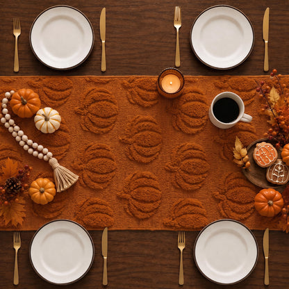 TETOU Fall Table Runner,13x72 Inch Pumpkin Jacquard Soft Plush Faux Fur Table Runner for Fall Farmhouse Home Halloween Thanksgiving Party Decoration(Rust Red)