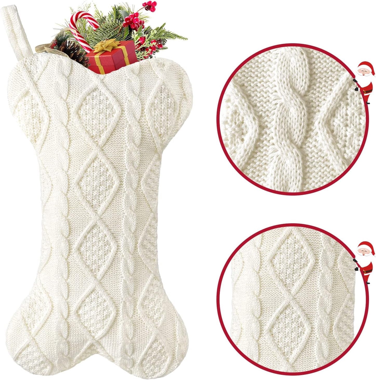 TETOU Dog Christmas Stocking, Bone Shape Knit Stocking, Xmas Dog Stocking, Hanging Christmas Decoration for Dogs Cats Pets Xmas Holiday Indoor Party-White