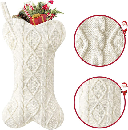 TETOU Dog Christmas Stocking, Bone Shape Knit Stocking, Xmas Dog Stocking, Hanging Christmas Decoration for Dogs Cats Pets Xmas Holiday Indoor Party-White