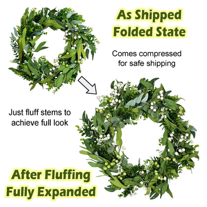 TETOU 20" Artificial Spring Summer Christmas Greenery Wreaths, Green Eucalyptus Leaf Wreath Boxwood with Big Berries for Front Door Farmhouse Outside Year Round Hanging Wall Party Decor