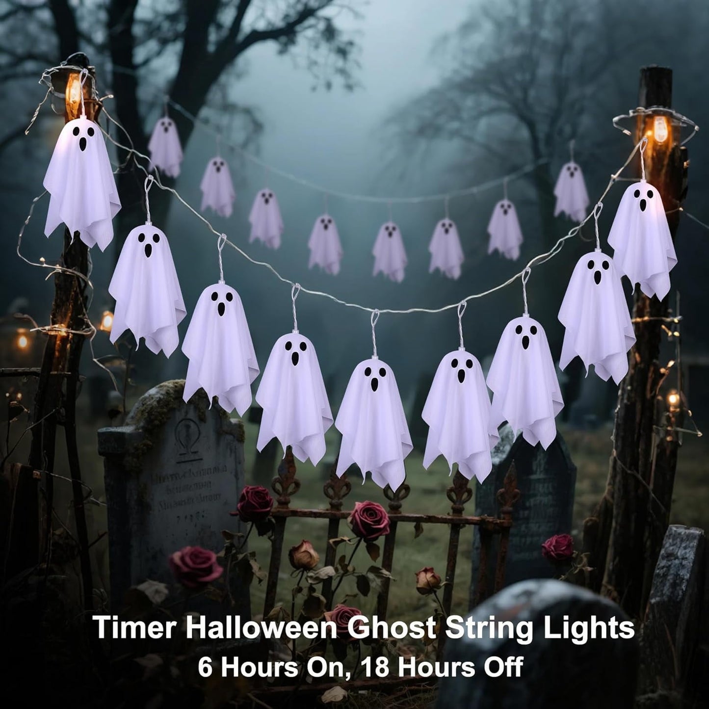 TETOU 7.55FT Halloween Decorations,8 Modes Light Up Ghost Garland,Handmade LED Ghost String Lights Banner for Halloween Home Party Fireplace Mantle Porch Windows Indoor Outdoor Decor
