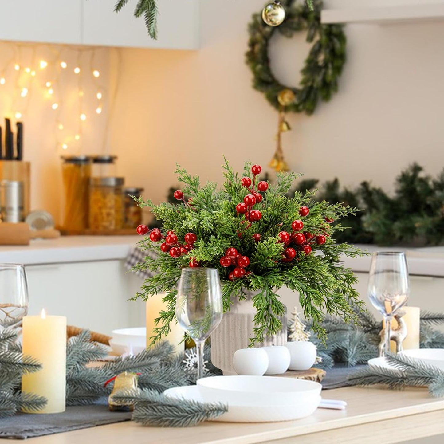 TETOU 60pcs Christmas Artificial Pine Branches & Artificial Red Berry Stems, Norfolk Pine Needles Picks for DIY Christmas Decoration Xmas Garland Fake Greenery Decor Indoor