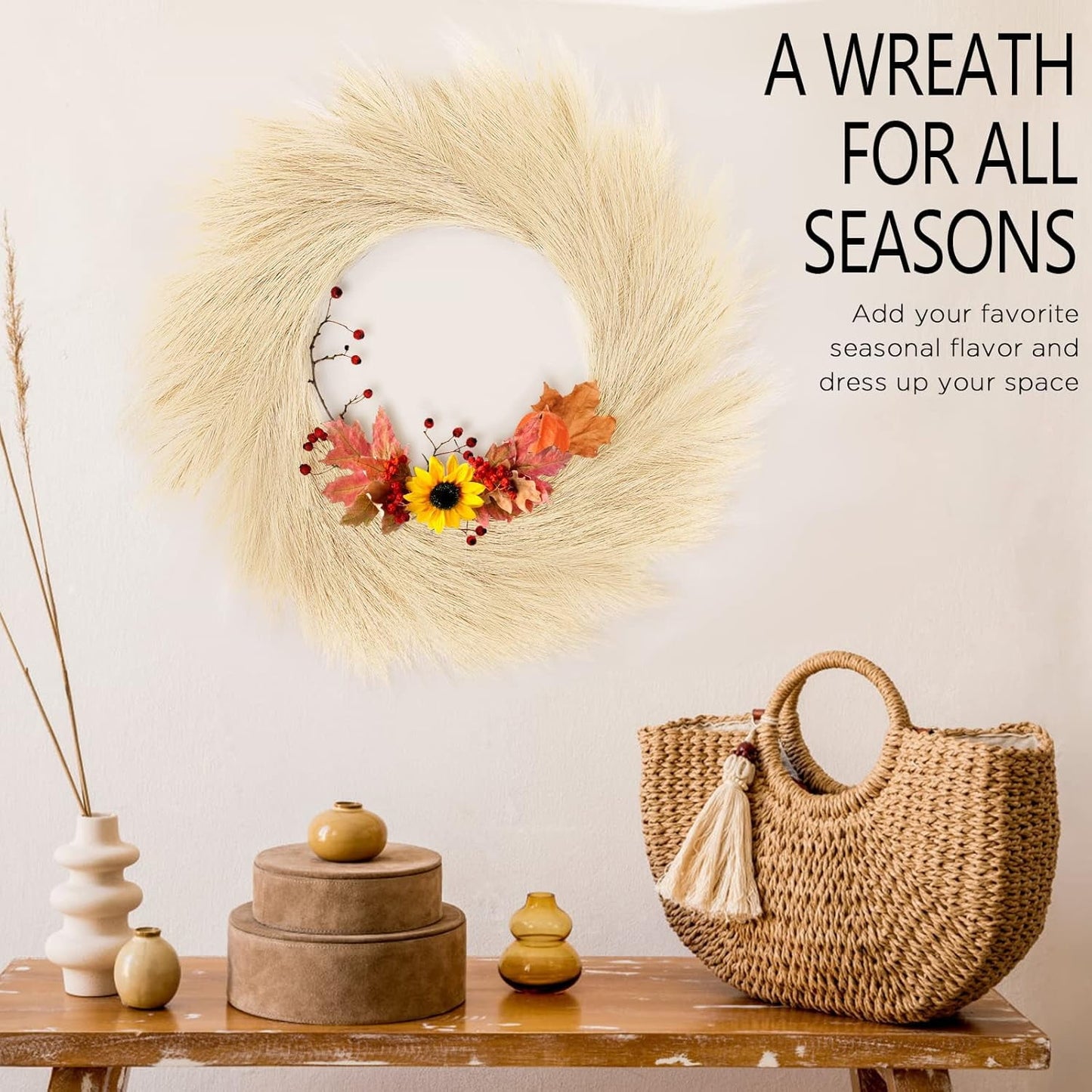 TETOU Artificial Pampas Grass Wreath, 26" Faux Pampas Grass Decor for All Seasons Home Boho Fall Modern Decoration - Beige