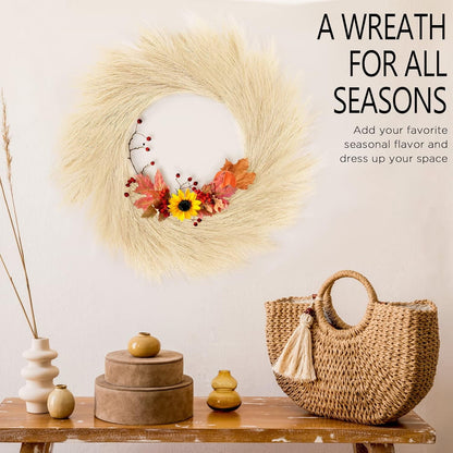 TETOU Artificial Pampas Grass Wreath, 26" Faux Pampas Grass Decor for All Seasons Home Boho Fall Modern Decoration - Beige
