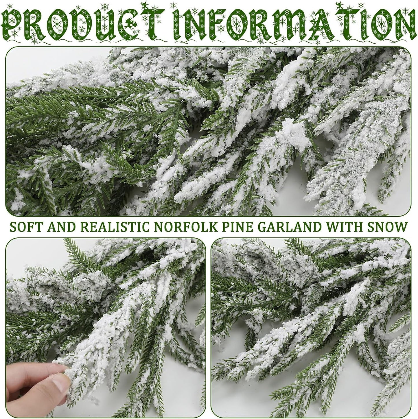 Tetou 6Ft Christmas Norfolk Pine Garland with Snow, Real Touch Cedar Garland, Artificial Greenery Pine Garland for Christmas Decorations Indoor