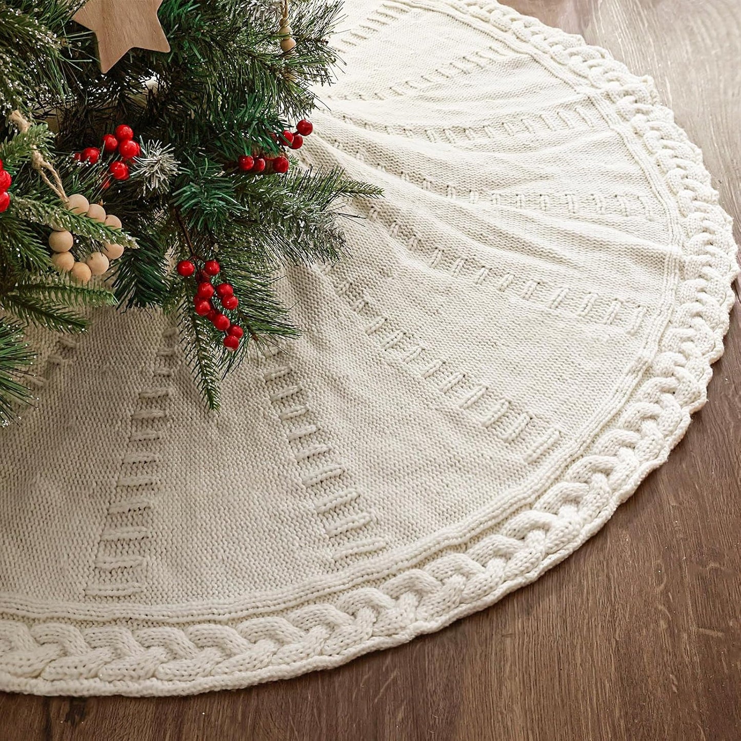 TETOU 48In Knitted Christmas Tree Skirt, Cream White Tree Skirt, Braided Cable Knit Thick Rustic Christmas Tree Decorations, Farmhouse Christmas Decor Xmas Holiday Home Party Decorations