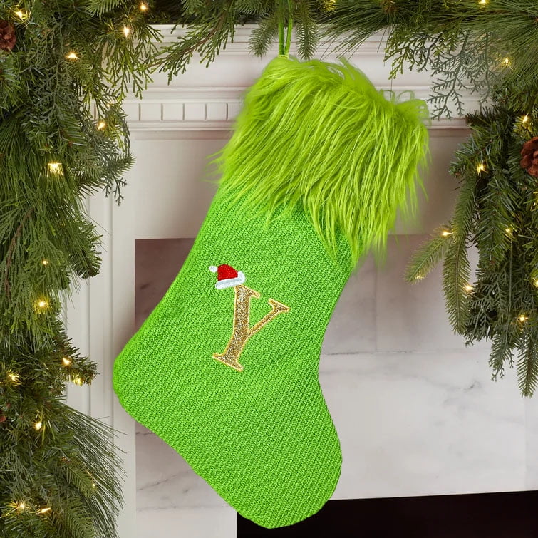 TETOU 18" Personalized Monogram Christmas Stockings, Green Elf Hanging Cozy Faux Fur Soft Christmas Stocking Treat Bag Candy Pouch Holder for Fireplace Gift Present Xmas Tree Decoration - M