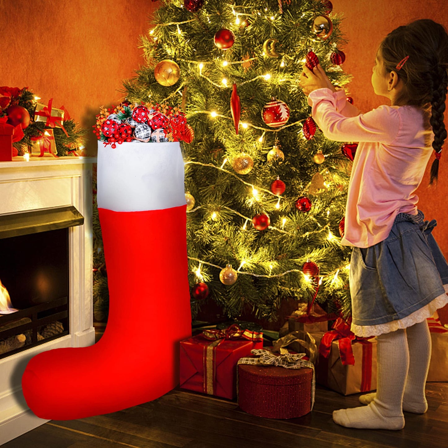 TETOU 35" Jumbo Felt Christmas Stocking Oversized Giant Stocking for Kids Gift Family Party Decor - Red