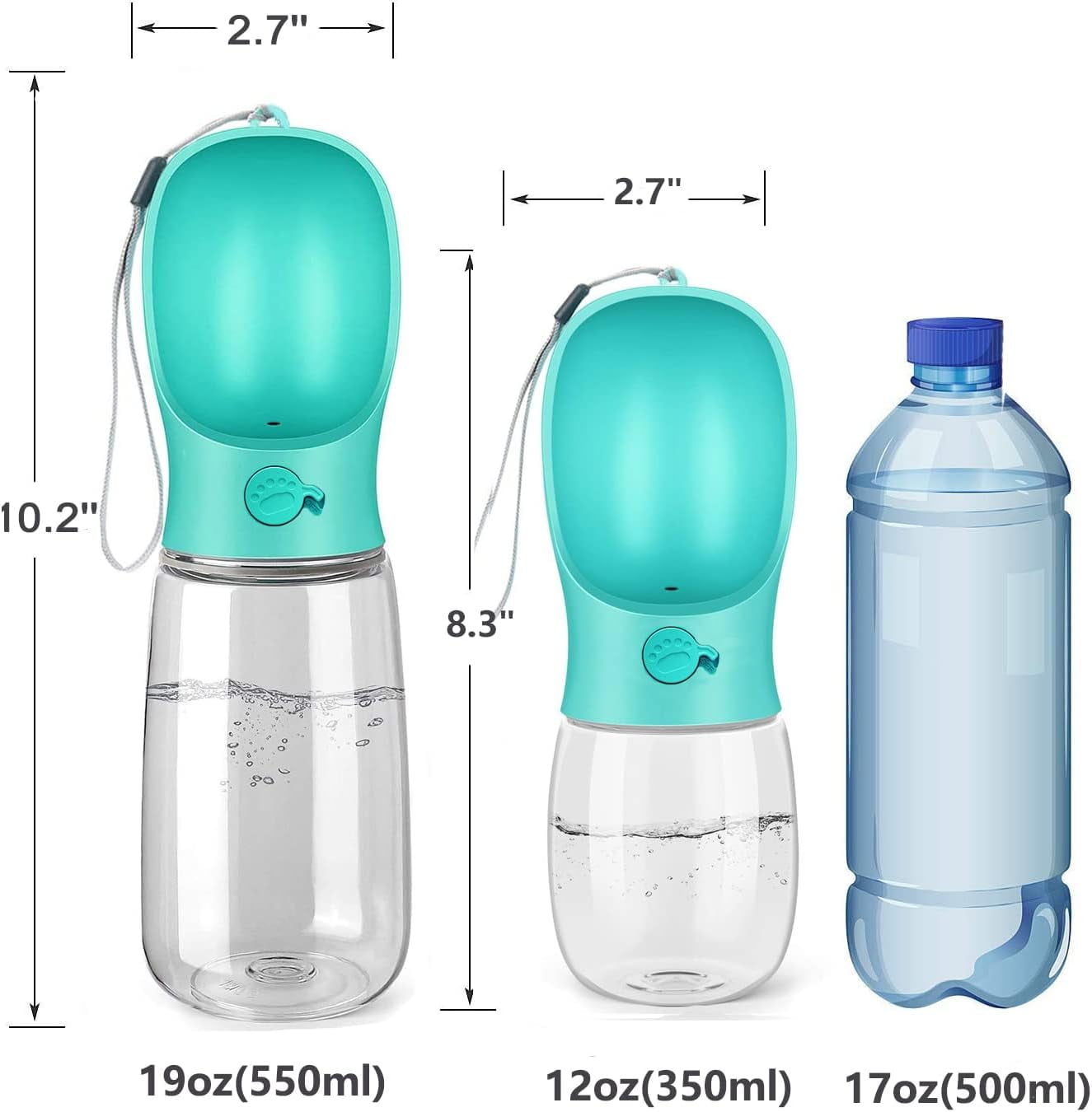TETOU 8.3*2.5" Dog Water Bottle, 12oz Leak Proof Portable Puppy Water Dispenser with Drinking Feeder for Pets Outdoor Walking Hiking Travel Food Grade Plastic - Blue