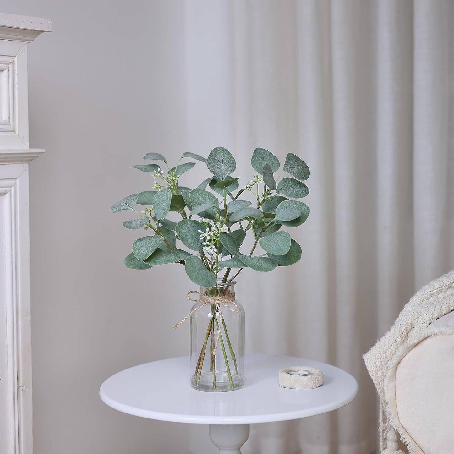 TETOU Artificial Eucalyptus Stems in Glass Vase with Faux Water, 13" Fake Plant Eucalyptus Leaves for Home Office Farmhouse Wedding Centerpiece Decor