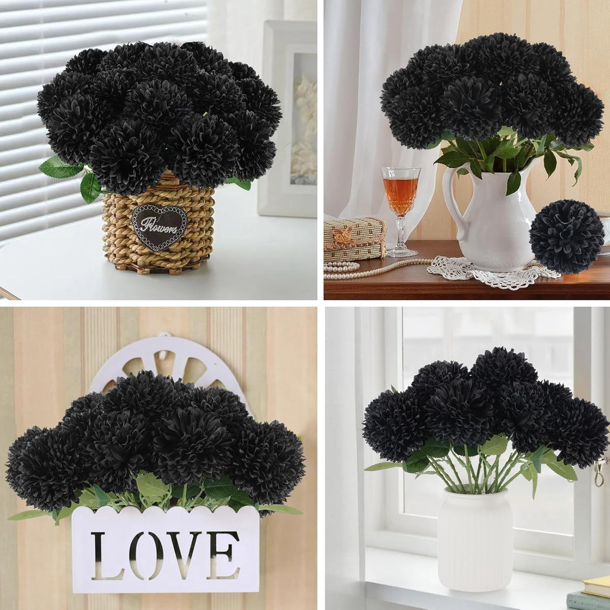 TETOU 12 Pcs Black Artificial Chrysanthemums Flowers,Fake Silk Mums Flowers for Fall Autumn Halloween Home Indoor Floral Arrangement Table Centerpiece Decorations