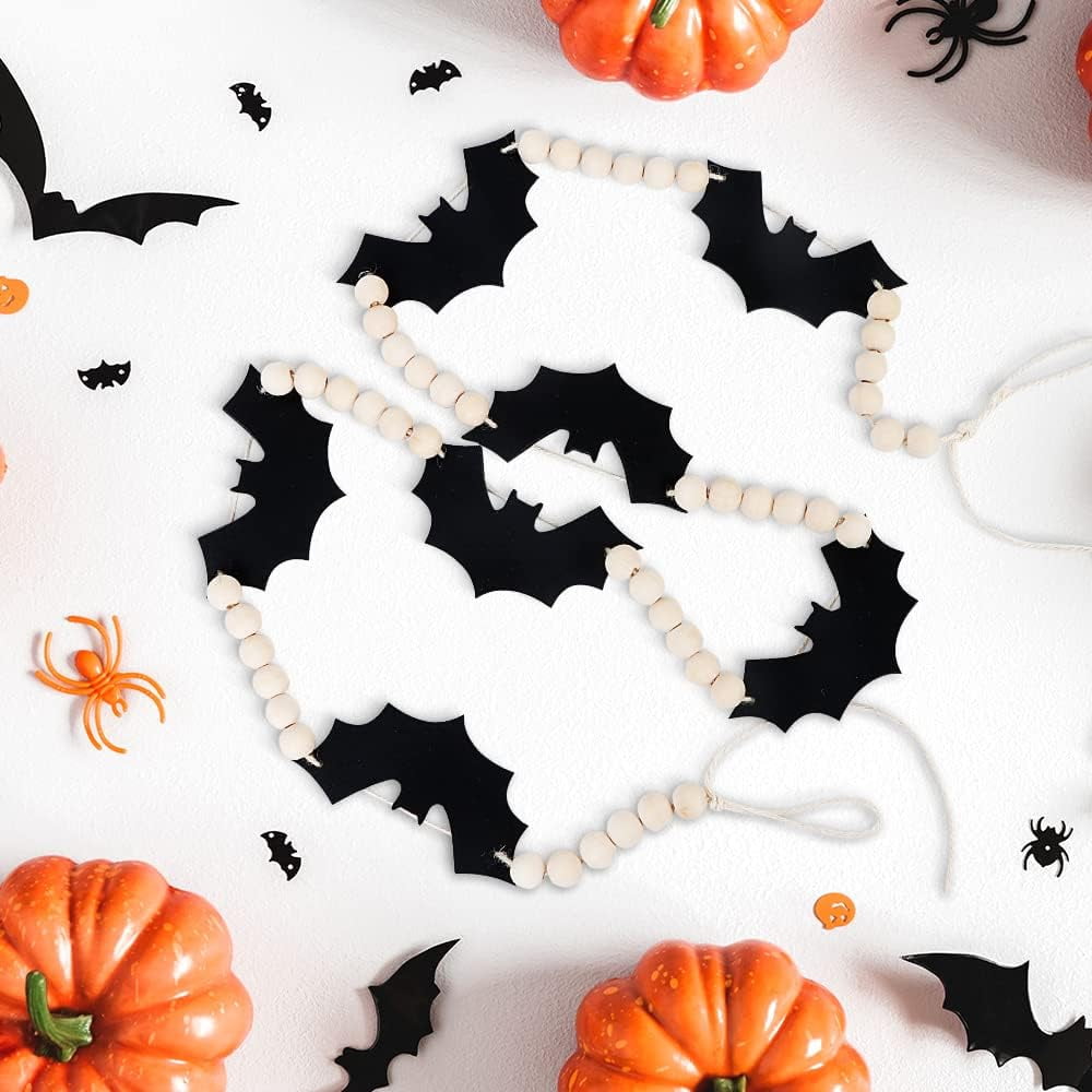 TETOU 4.9Ft Wood Halloween Felt Bats Bead Garland Banner for Farmhouse Halloween Fireplace Mantle Walls Decoration
