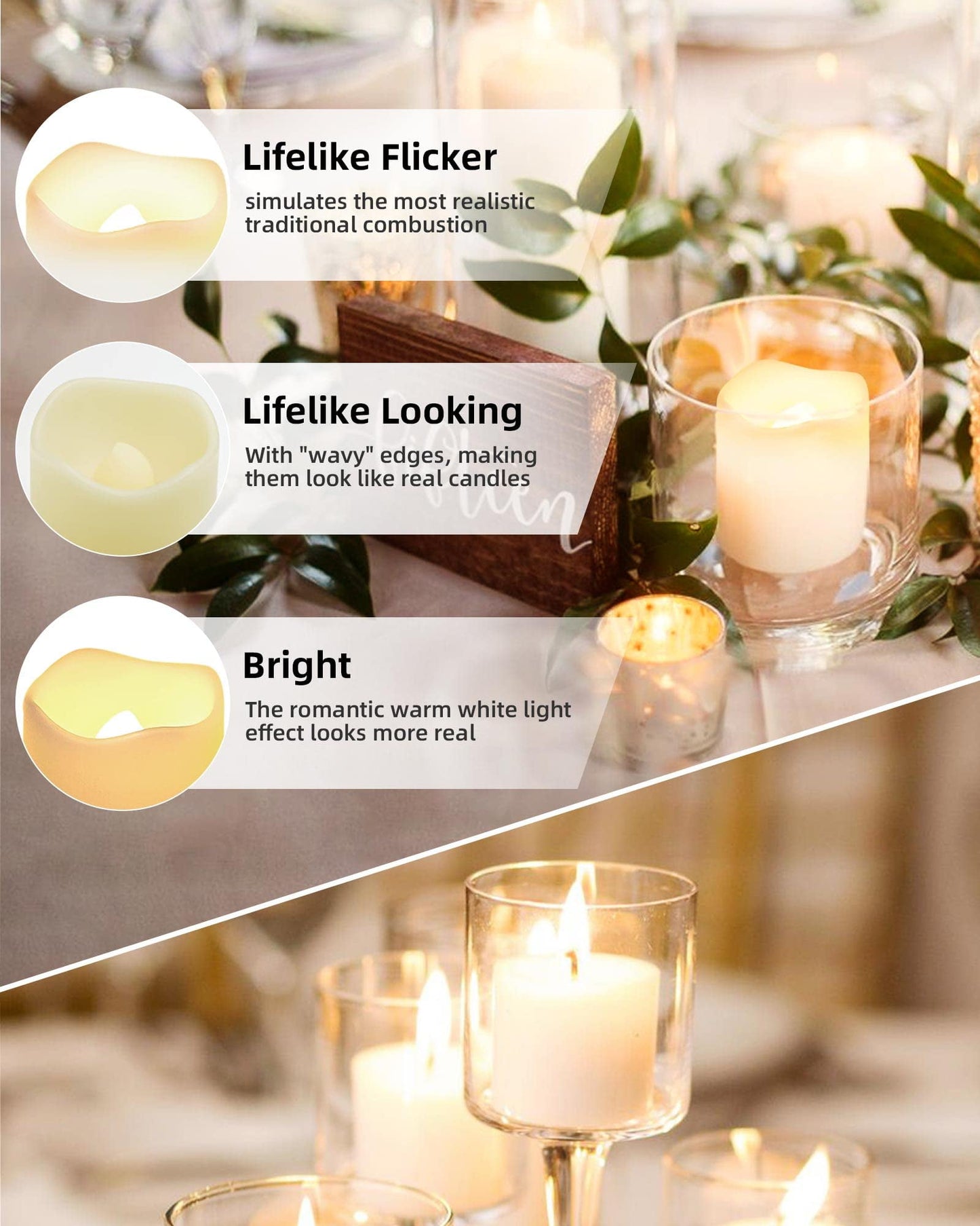 TETOU 24Pcs Flameless Votive Candles, 1.7*1.4" Flickering Electric Fake Candle, 100+Hour Battery Operated LED Tea Lights in Warm White for Wedding Table Festival Halloween Christmas Decor