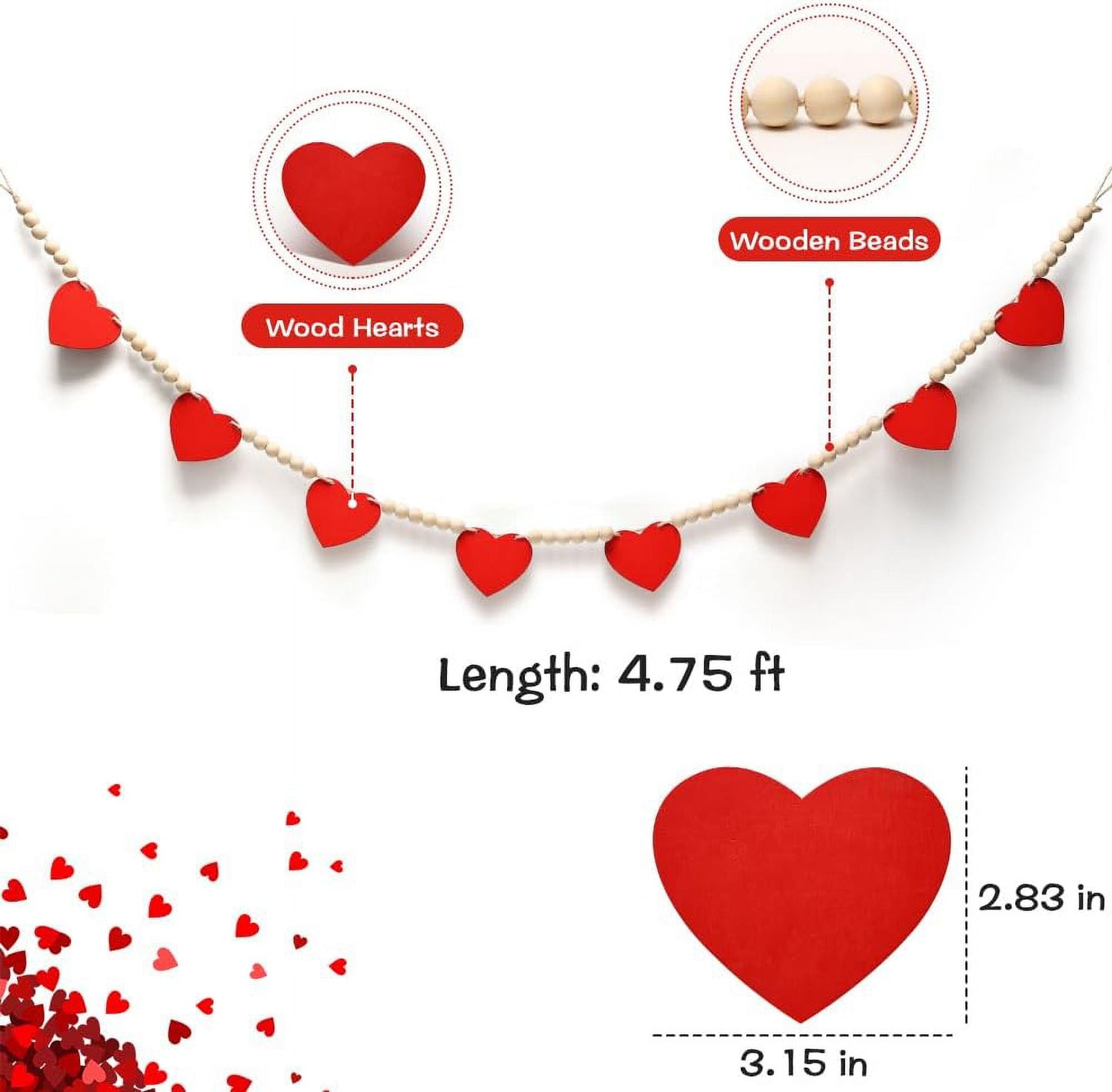 TETOU Valentine's Day Garland, Heart shaped garland Banner with Wooden Beads for Home Valentine's Day Wedding Fireplace Mantle Walls Decor