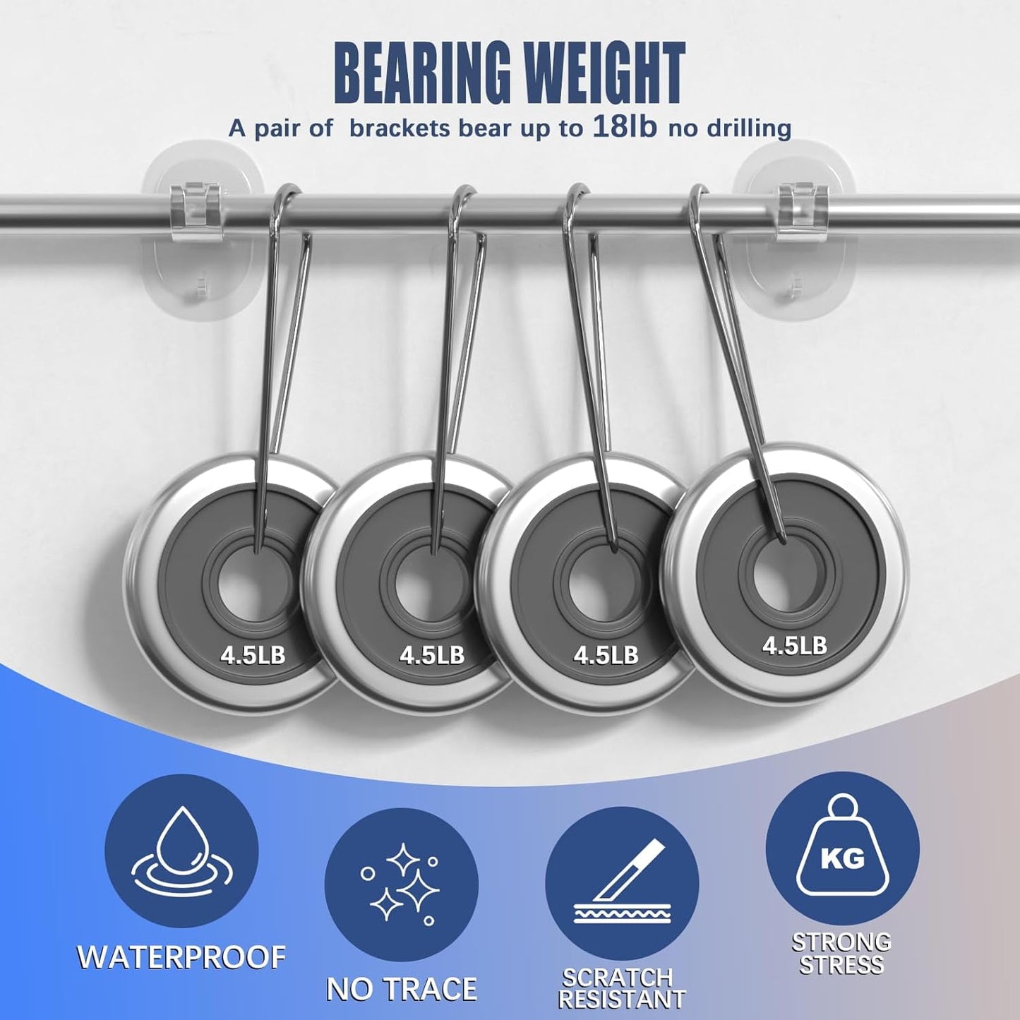 TETOU 2Pcs No Drill Curtain Rod Brackets, Self Adhesive Curtain Rod Holder, Rod Hooks Nail Free Curtain Hangers for Bathroom Bedroom Livingroom Kitchen Apartment - Transparent