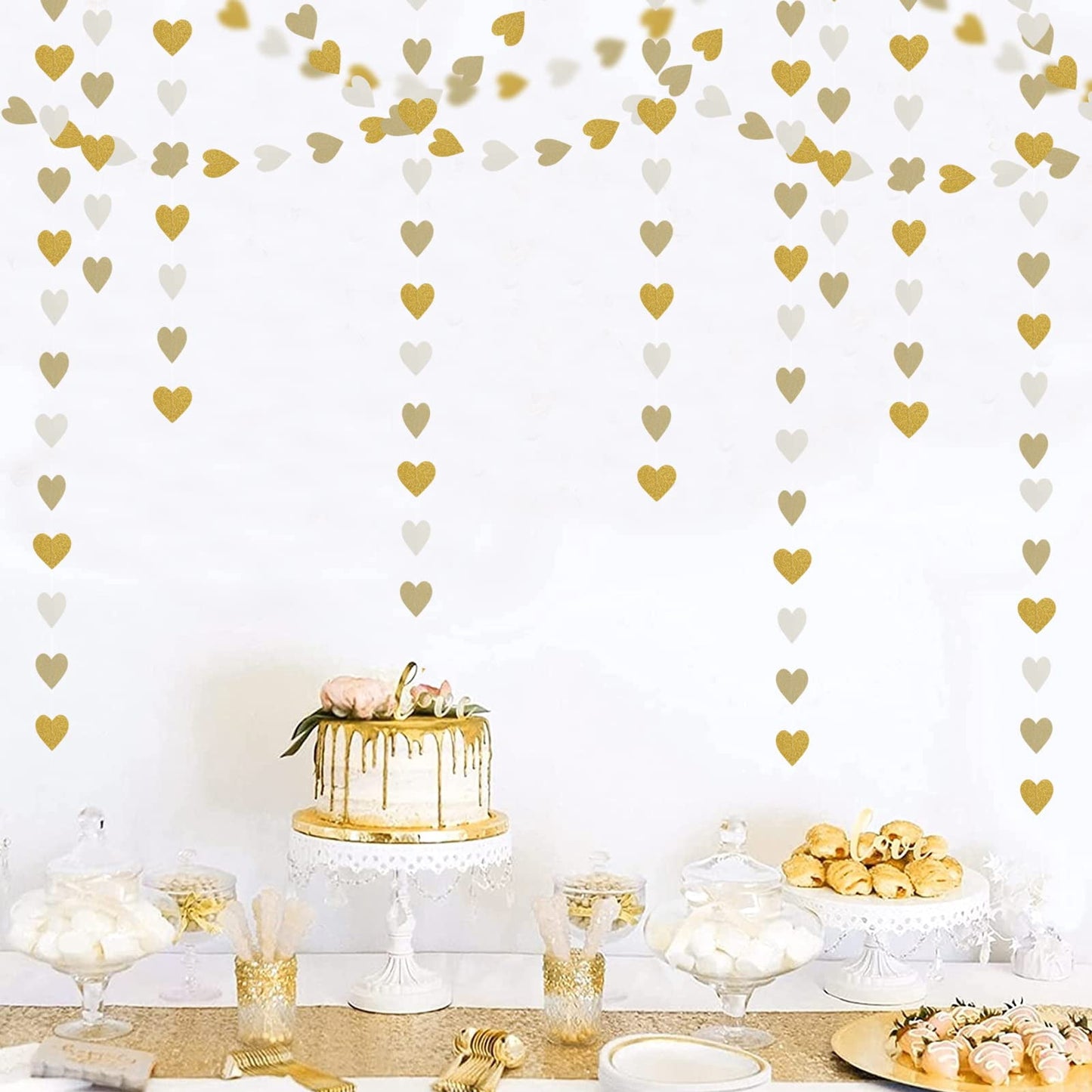 TETOU White-Gold Champagne Party Decorations Heart Garland,52Ft Hanging Paper Backdrop Streamers for Birthday New Years Graduation Christmas Wedding Engagement Bachelorette Decoration
