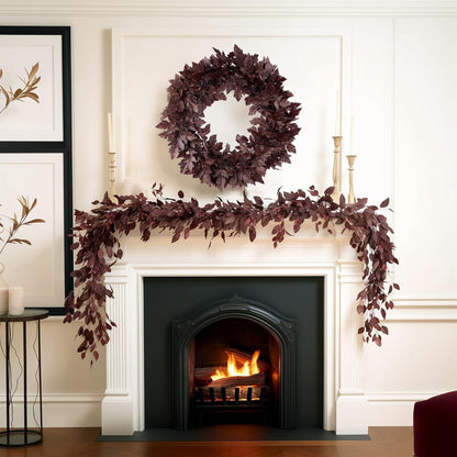 TETOU 1pc 24" Artificial Cimicifuga Wreath,Fall Faux Plum Cimicifuga Ramosa Leaf Wreath for Autumn Harvest Halloween Home Door Wall Farmhouse Mantel Decor