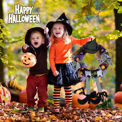 TETOU Halloween Wreaths for Front Door, 27" Witch Wreath Halloween Costumes, Autumn Door Wreath Witch's Hat and Legs Pumpkin Hallowe'en Indoor & Outdoor Wall Decor