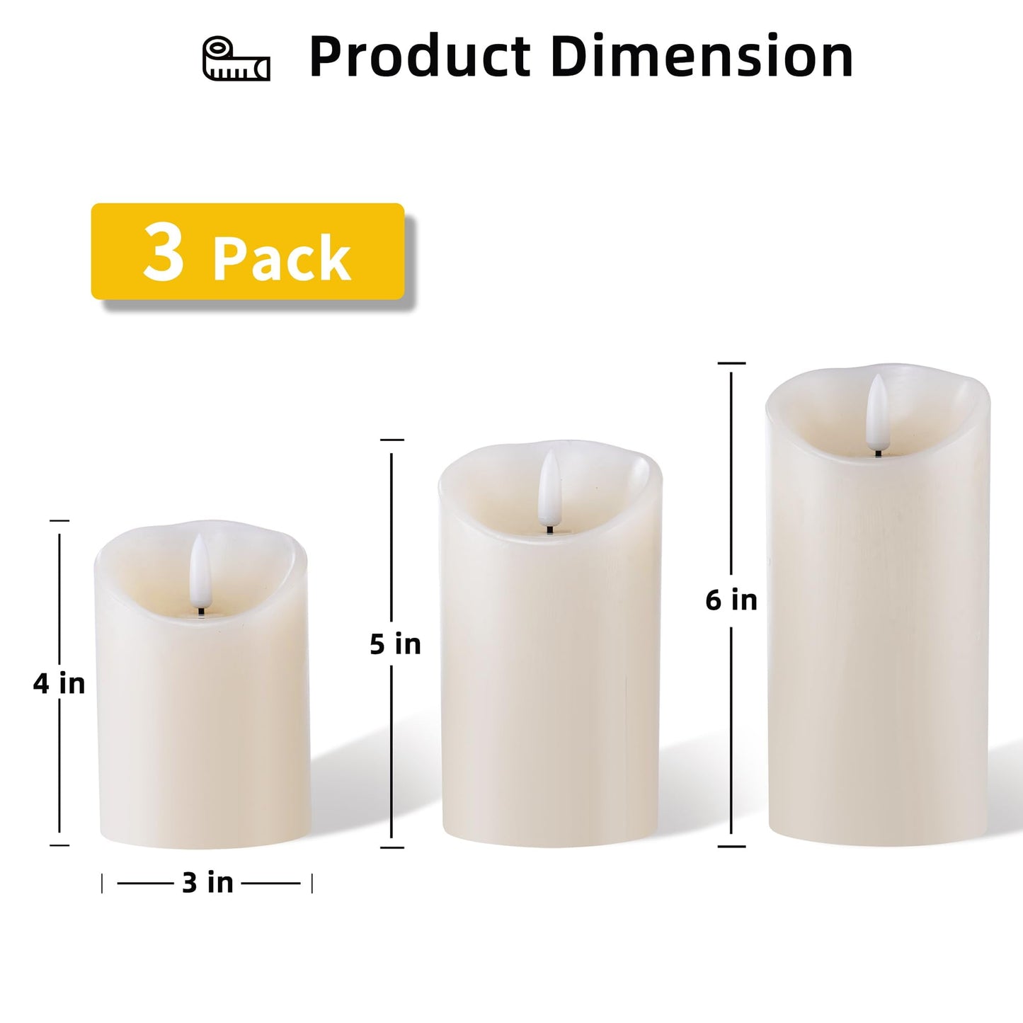 TETOU 3pcs LED Flameless Candles Outdoor Battery Fake Plastic Pillar Candles with Remote Control Ivory White