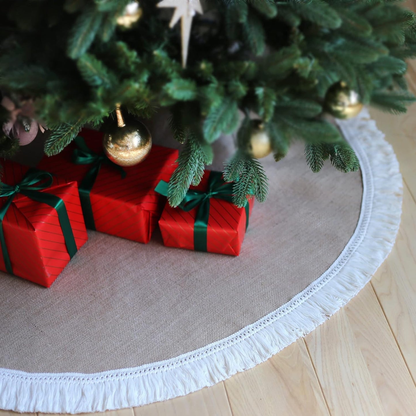 TETOU 48 Inch Christmas Tree Skirt,Linen Burlap with Tassels Fringe Trim Boho Farmhouse Rustic Christmas Tree Skirt Collar Decoration for Xmas Winter Home Holiday Indoor Outdoor Seasonal Decors
