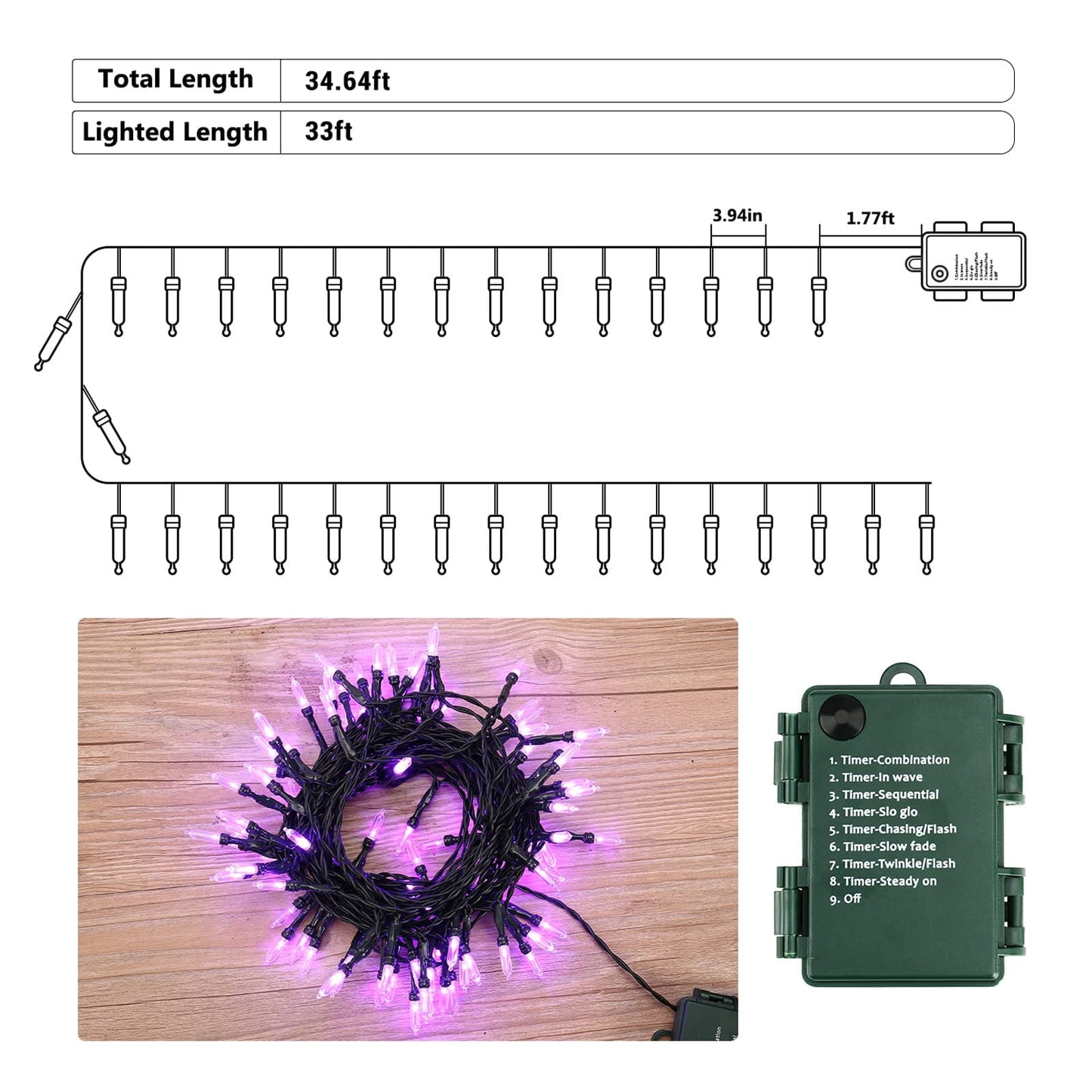 TETOU Halloween Lights, 33ft 100 LED Battery Halloween Lights, 8 Modes String Lights with Timer, Indoor Outdoor Waterproof mini Lights String for Halloween Bedroom Patio Decor - Purple