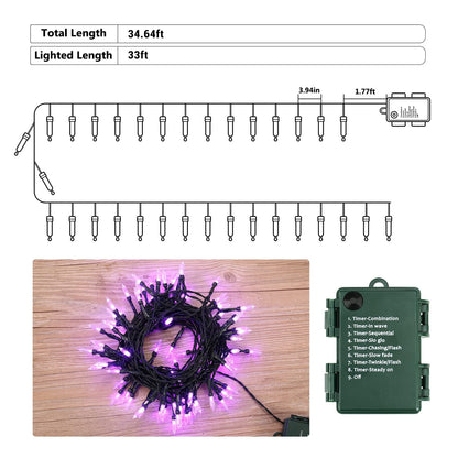 TETOU Halloween Lights, 33ft 100 LED Battery Halloween Lights, 8 Modes String Lights with Timer, Indoor Outdoor Waterproof mini Lights String for Halloween Bedroom Patio Decor - Purple