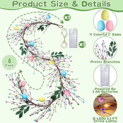 TETOU 6 Ft 20 LED Easter Egg and Mixed Berry Garland,Hanging Rustic Pastel Spring Easter Decor,Artificial Easter Garland with Light for Indoor Outdoor Home Fireplace Party Door Decoration