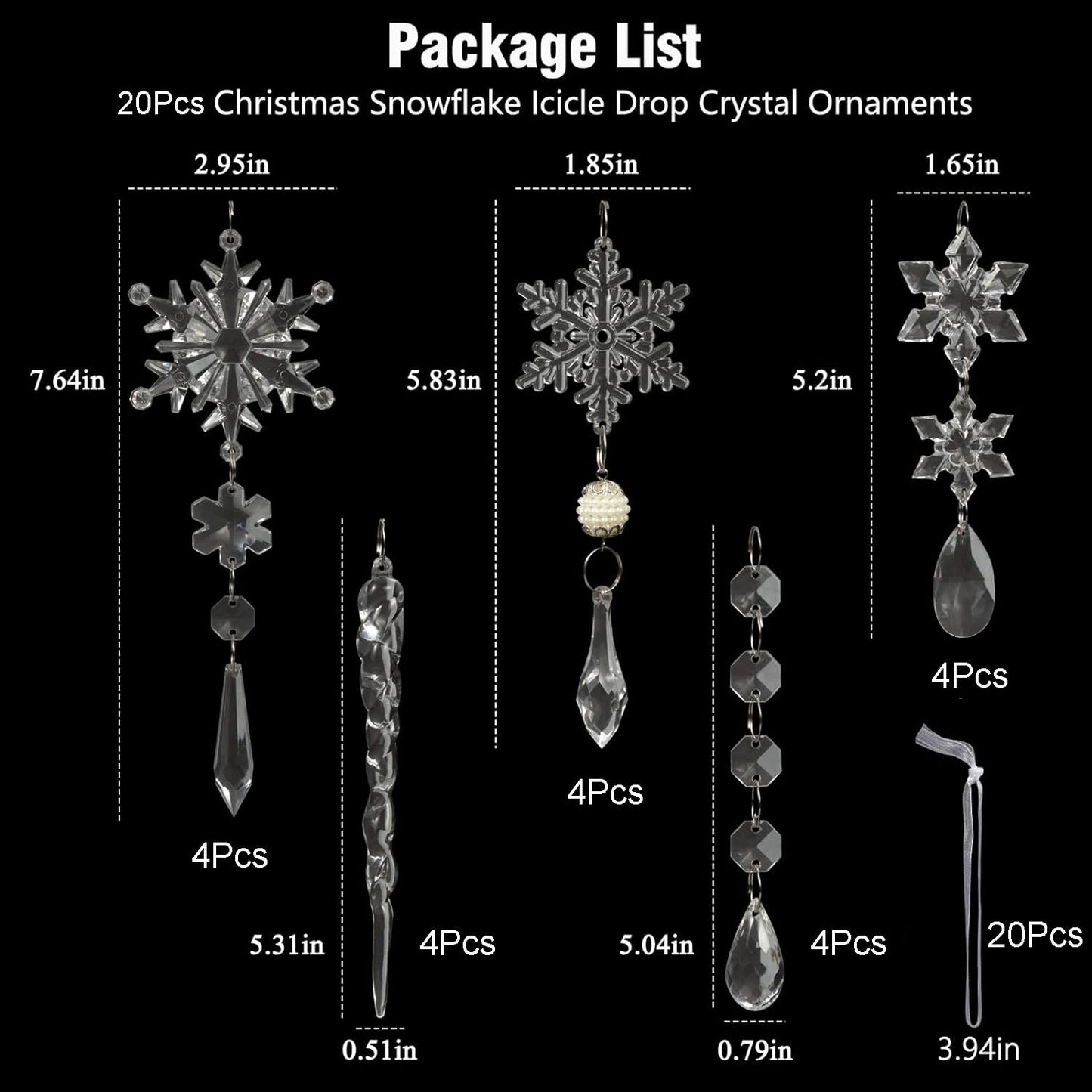 TETOU 20Pcs Christmas Decoration Crystal Ornaments, Hanging Acrylic Christmas Snowflake Icicle Drop Crystal Ornaments for Christmas Tree Winter New Year Party Decoration