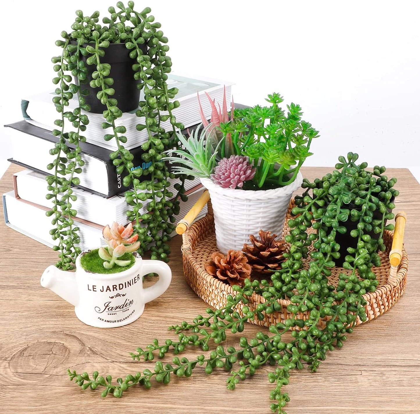 TETOU Faux Plants Artificial String of Pearls Plant in Pot Realistic Green Hanging Plants for Shelf Desk Home Garden Decor