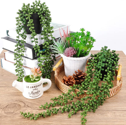 TETOU Faux Plants Artificial String of Pearls Plant in Pot Realistic Green Hanging Plants for Shelf Desk Home Garden Decor