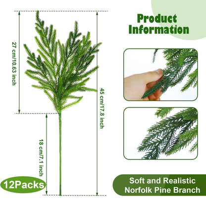TETOU 12pcs Christmas Norfolk Pine Branches  18" Artificial Norfolk Pine Stem DIY Wreaths Home Decor