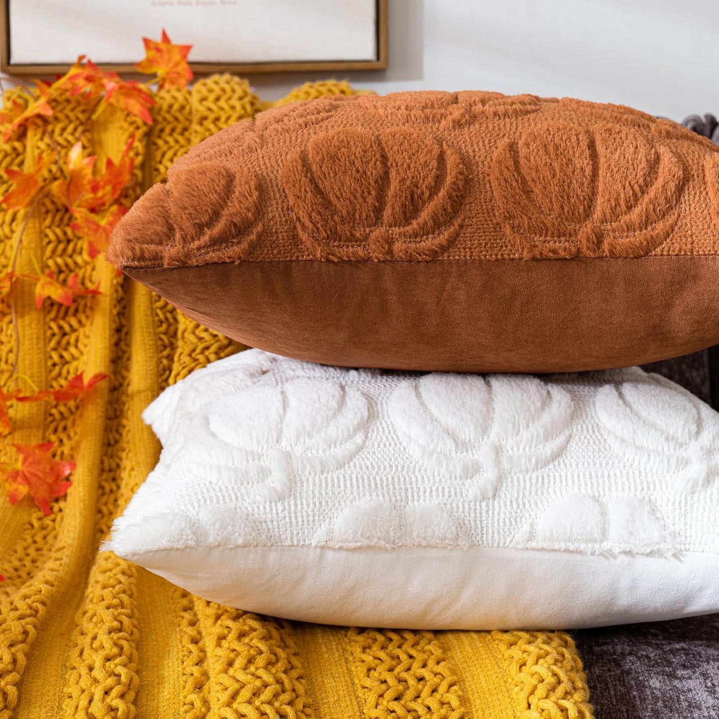 TETOU Fall Pillow Covers,18"x18"Set of 2 Fall Rust Red Pumpkin Pillow Cases,Soft Faux Fur Wool Couch Cushion for Sofa Bedroom Living Room Home Farmhouse Fall Halloween Thanksgiving Decor