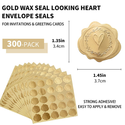 TETOU 300pcs Gold Embossed Envelope Seal Heart Pattern Stickers for Wedding Invitations Greeting Letters Cards
