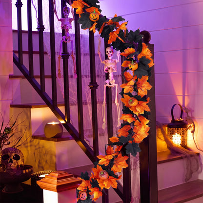 TETOU 2Pcs Fall Halloween Garland, 69" Halloween Pumpkin Maple Leaves Garland for Outdoor Indoor Fall Autumn Halloween Mantle Staircase Porch Party Decoration