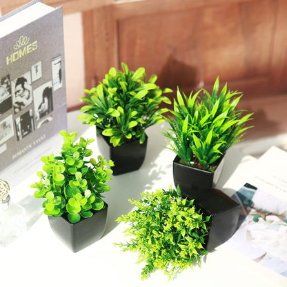 TETOU 4Pcs Fake Plants in Black Pot, Mini Artificial Eucalyptus Potted Plant Small Faux Grass Greenery Potted Plants for Indoor Home Office Farmhouse Bathroom Table Decoration