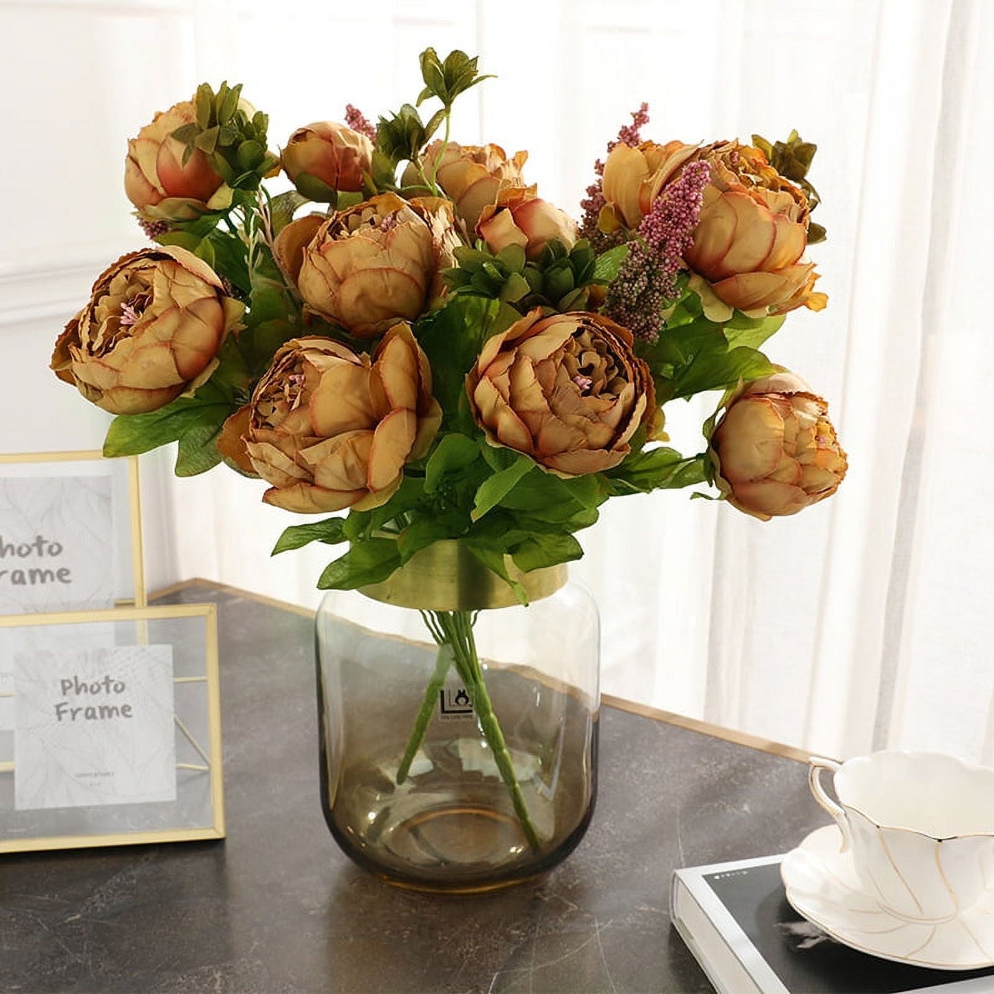 TETOU Artificial Silk Peony Flowers 1 Bouquet for Home Wedding Decoration - Dark Pink