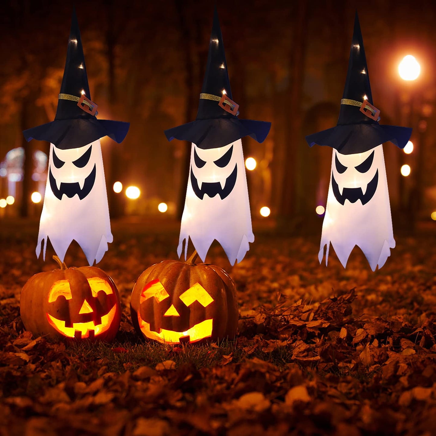 TETOU 3Pcs 31.5" Upgrade Hallowe'en Decoration Hanging Gypsophila Ghost, Light up LED Witch Hat for Outdoor Tree Garden Home Decor - Warm Light