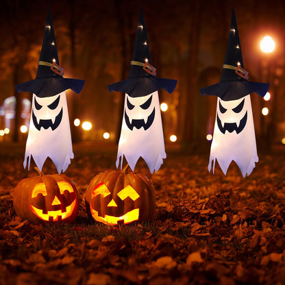 TETOU 3Pcs 31.5" Upgrade Hallowe'en Decoration Hanging Gypsophila Ghost, Light up LED Witch Hat for Outdoor Tree Garden Home Decor - Warm Light