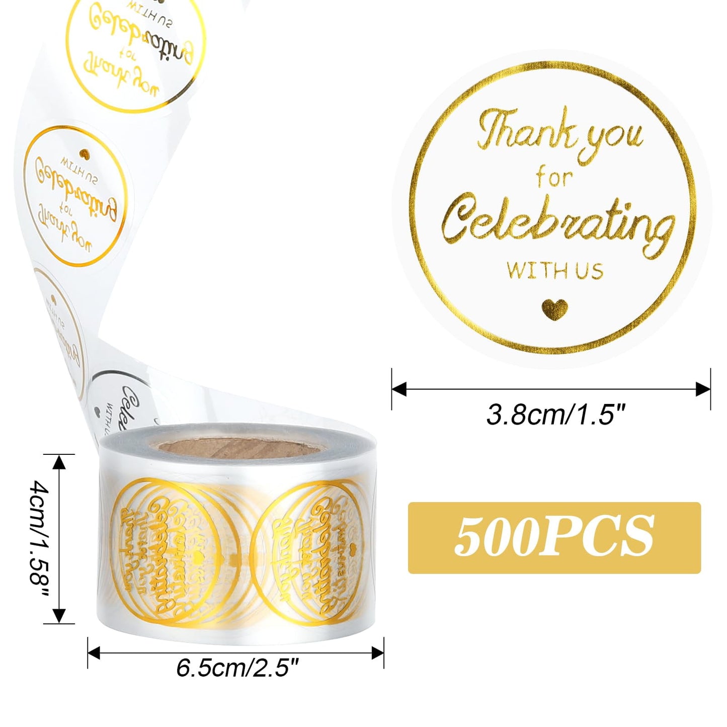 TETOU 500Pcs Thank You Stickers, 1.5 inch Thank You for Celebrating with Us Stickers Roll, Clear Thank You Stickers for Packaging Wedding Party Favors - Clear & Gold