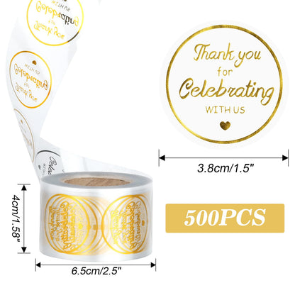 TETOU 500Pcs Thank You Stickers, 1.5 inch Thank You for Celebrating with Us Stickers Roll, Clear Thank You Stickers for Packaging Wedding Party Favors - Clear & Gold