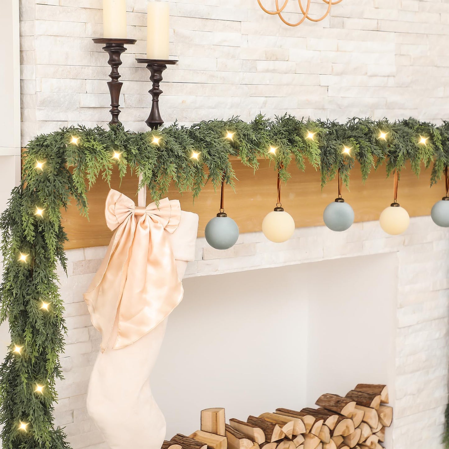 TETOU 1pc 6ft Christmas Cedar Garland with Lights,Artificial Realistic Cedar Pine Needles Greenery Garland for Christmas Holiday Winter Wall Mantle Fireplace Table Indoor Decor