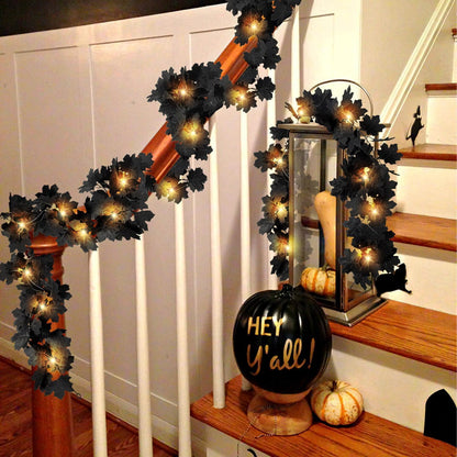 TETOU 2PCS Black Maple Leaf Garland with Warm Lights,5.7Ft Halloween Artificial Hanging Fall Leave Vines for Fall Halloween Party Home Mantle Wall Indoor Outdoor Decoration