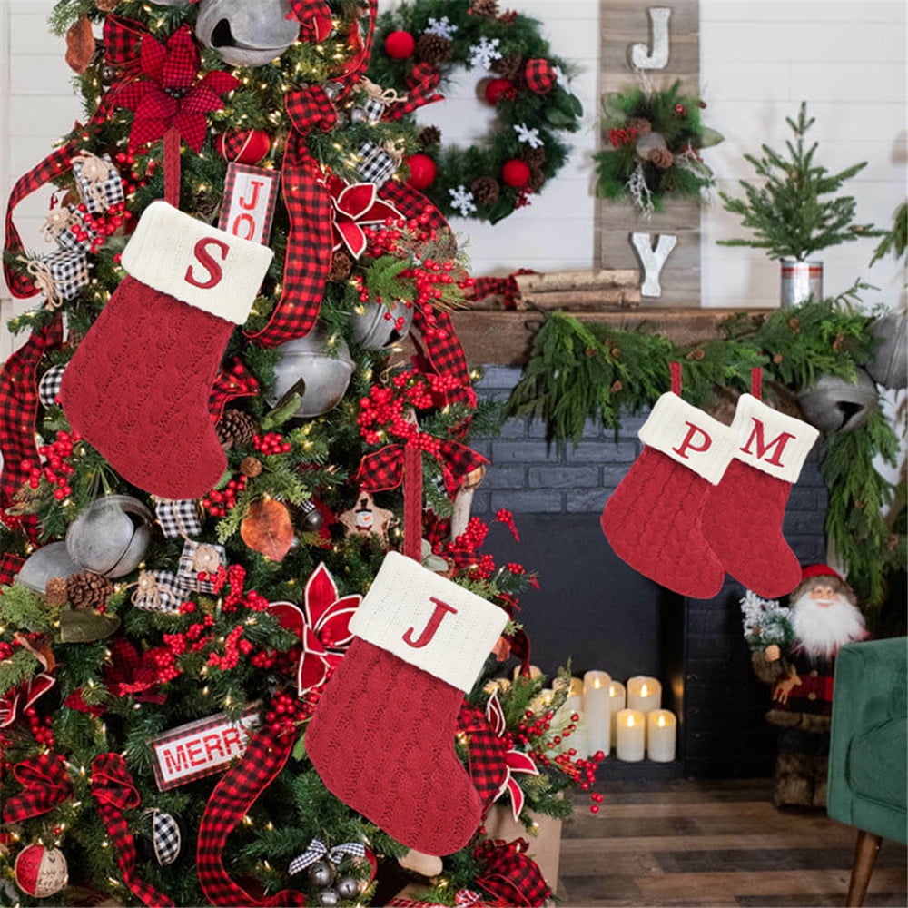 TETOU Christmas Stocking with Letter Mini Cute Red Knitted Christmas Stocks Gift Bags Pendant Christmas Tree Decor