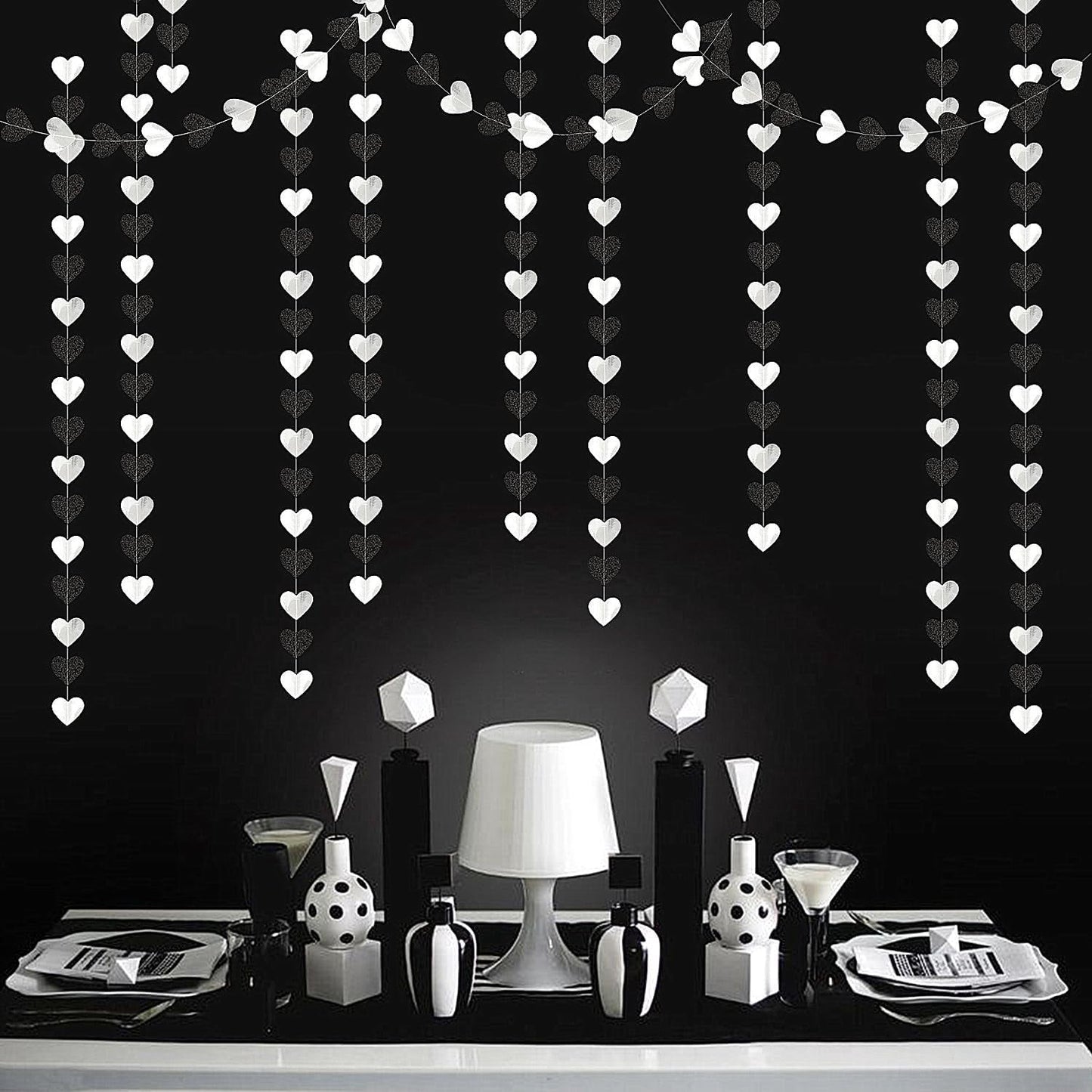 TETOU White-Black Champagne Party Decoration Heart Garland,52Ft Hanging Paper Backdrop Streamers for Birthday New Years Graduation Christmas Wedding Engagement Bachelorette Decoration