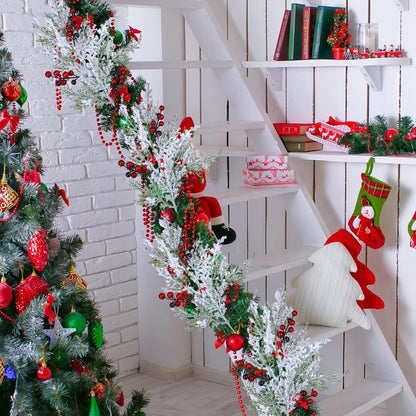 TETOU 6Pcs Christmas Cedar Picks with Red Berries, Artificial Snow Frosted Pine Branches, Christmas Greenery Stems for Christmas Tree Wreath Floral Arrangement Vase Winter Holiday Decor
