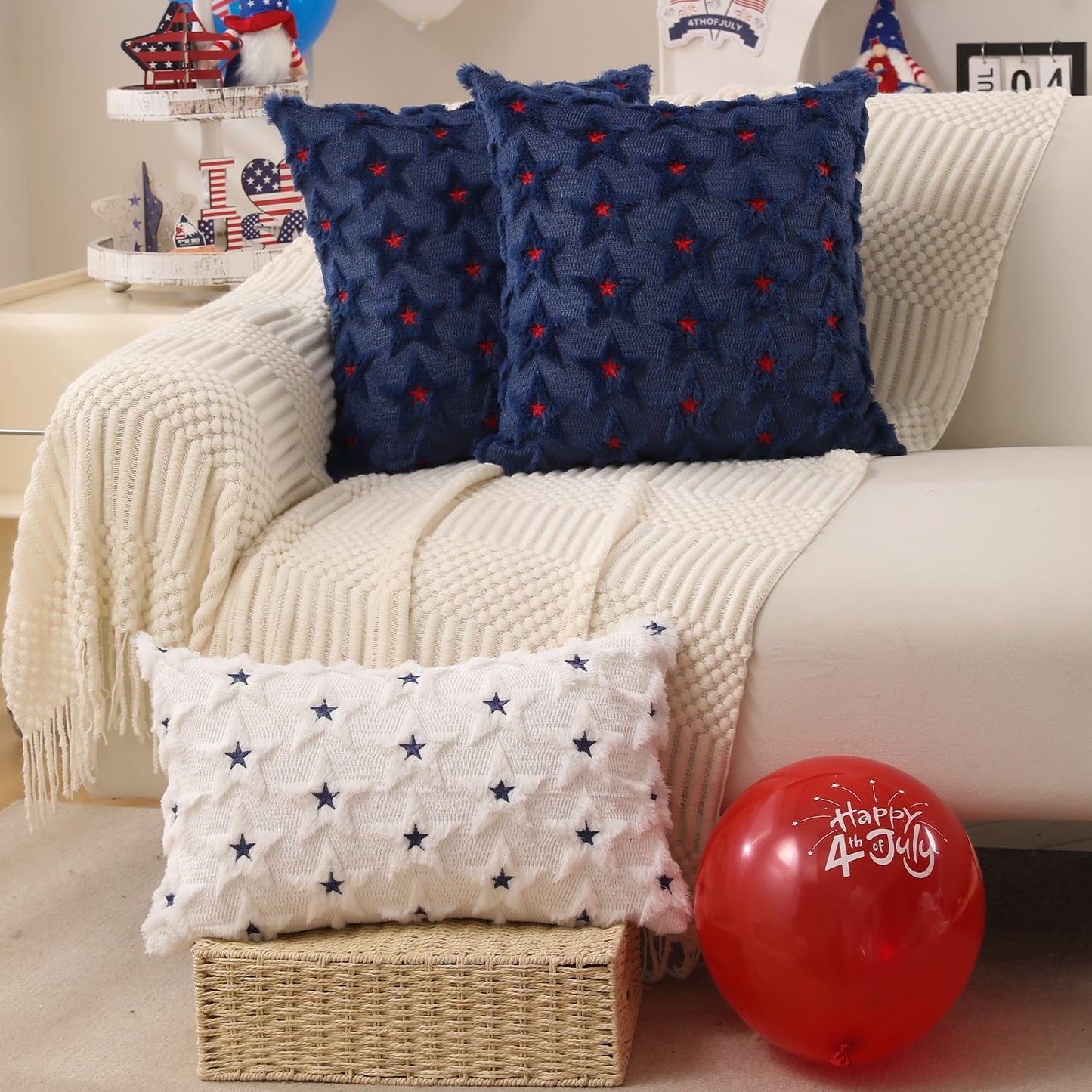 TETOU 4th of July Patriotic Pillow Covers ,18"x18"Set of 2 4th of July Decor Red Embroidery Star Decor Soft Plush Faux Fur Jacquard Throw Pillows for Independence Day Home Party Sofa Decorations